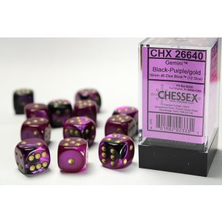 Chessex: Transparent - D6 Set (12) - Gemini Black Purple/Gold 